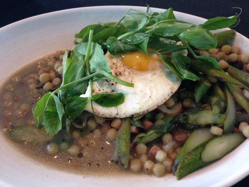 fregola sarda with fresh asparagus and organic egg